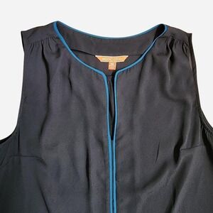 Modcloth Sleeveless Blouse Black with Split Neckline Blue Trim XS